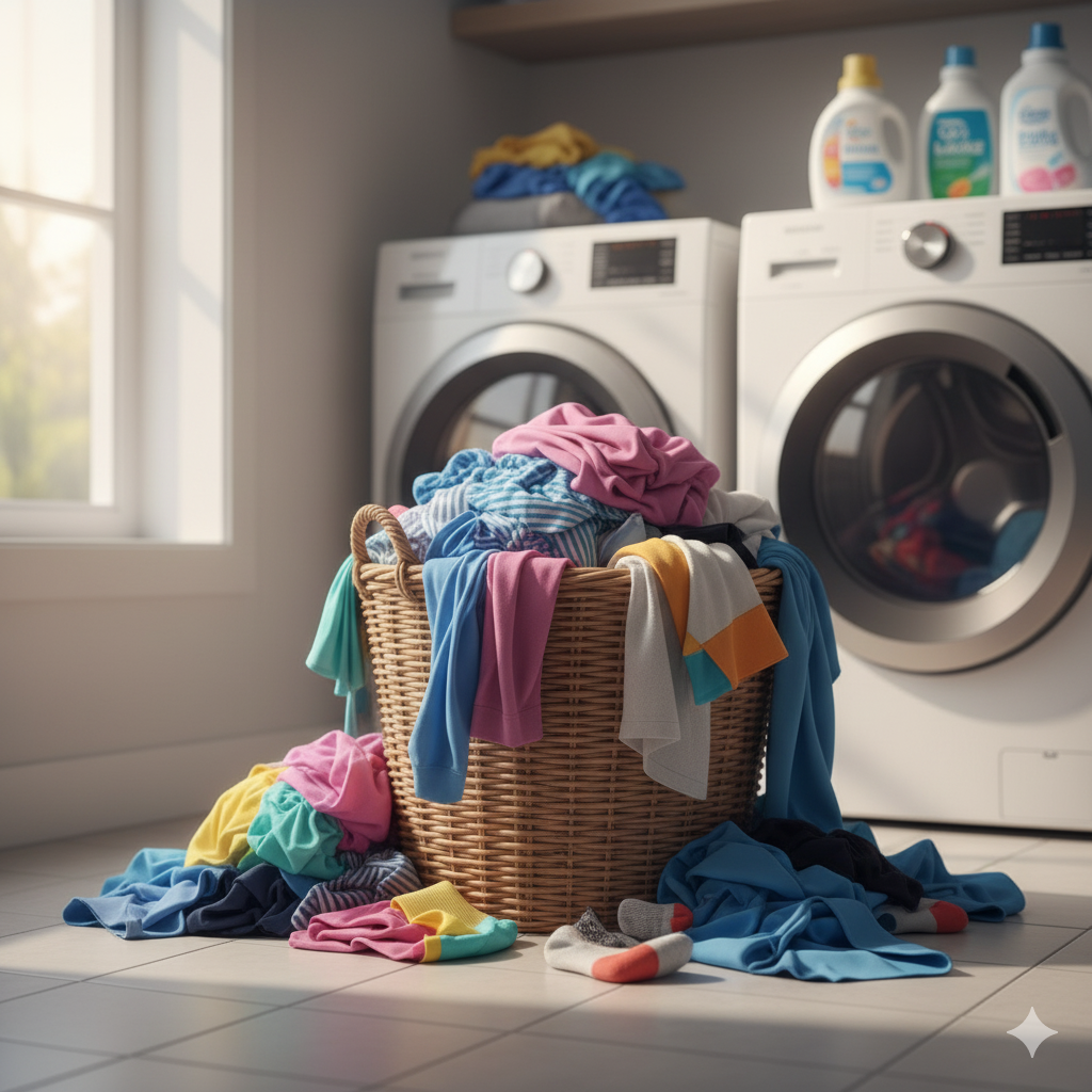 Overflowing laundry basket that represents parental stress and the need for wash and fold delivery