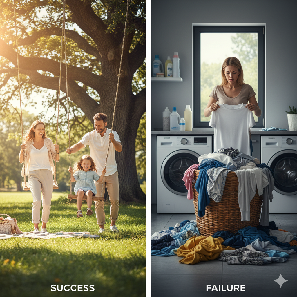 Success vs. failure contrast: Happy family playing vs. stressed person folding laundry. A clear benefit of our service.